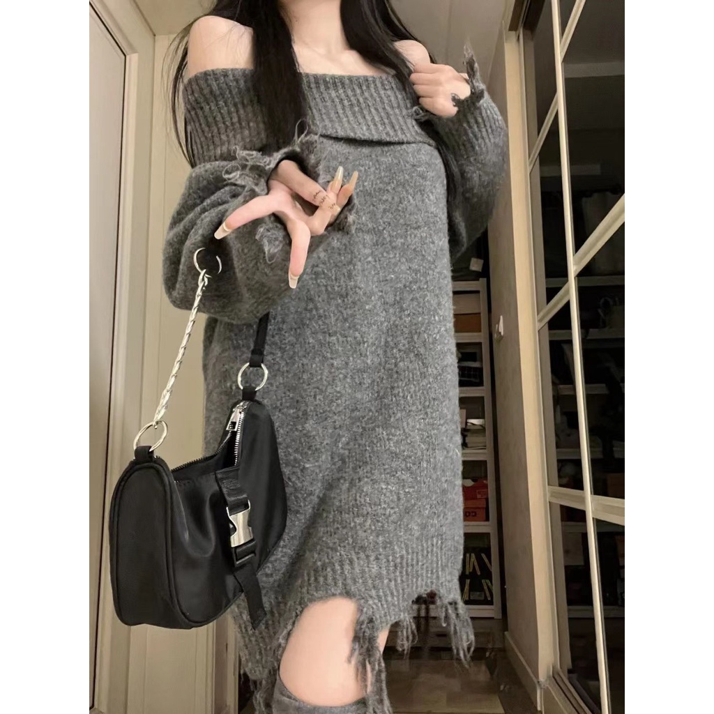 ☋☌◄Sweter berpohon satu bahu di atas pinggul setengah panjang tubuh bagian bawah hilang gaun Prancis musim dingin mungil rasa high-end