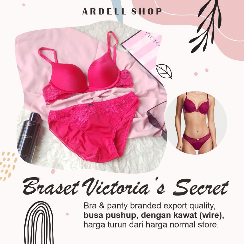 Lingerie Wanita Victoria Secret Bra Renda Kawat Cup 32B 34B + Celana Dalam Set Elegan