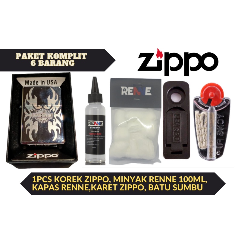 Paket lengkap Korek Api Zippo Silver Ice Harley Davidson plus minyak kapas batu sumbu karet tutup zippo