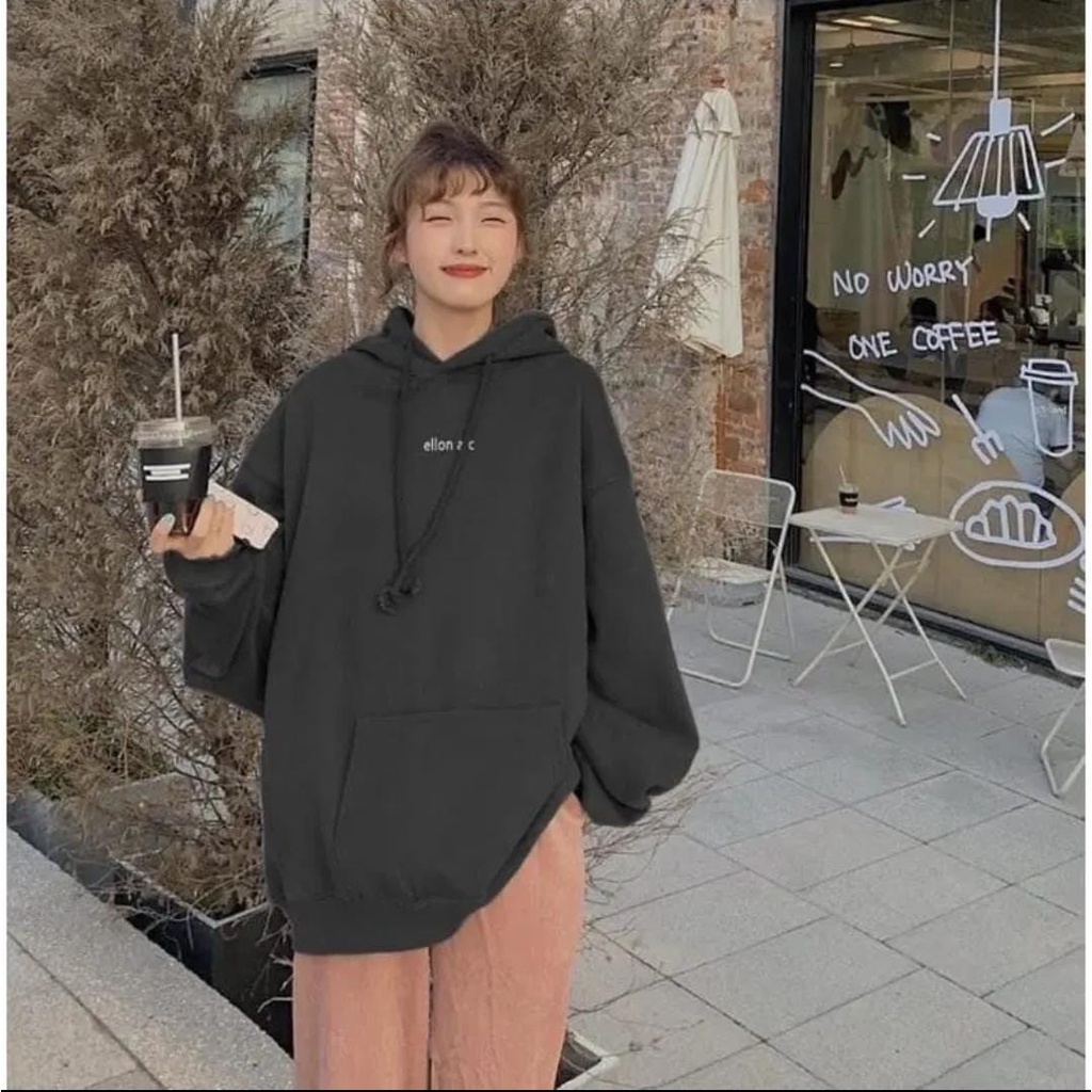 OVERSIZE ELLON ARC BORDIR HOODIE SWEARER WANITA FIT TO XL- SWEATER WANITA TERLARIS