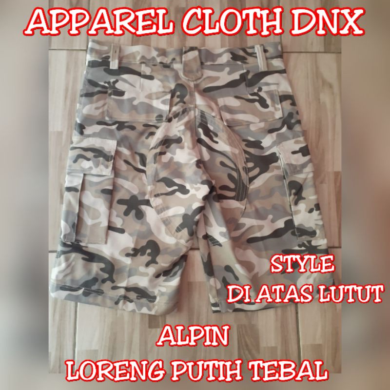 CELANA ALPIN PENDEK LORENG PUTIH TEBAL SAKU KEMPOL PUNK LORENG PUTIH TEBAL, CELANA CARGO GUNUNG ALPI