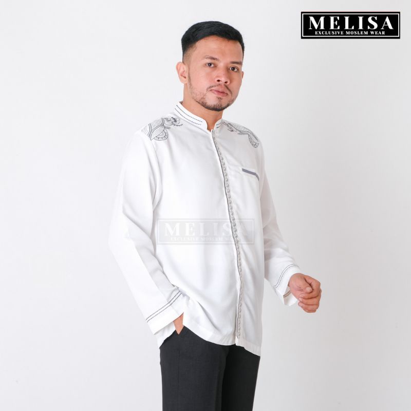 Baju Koko Pria Dewasa Lengan Panjang Bahan Poli Katun Warna Putih Tulang Motip Bordir