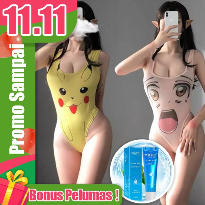 Dress Lingerie Seksi Seragam Hot Bodysuit Jumper Motif Kartun Tipis