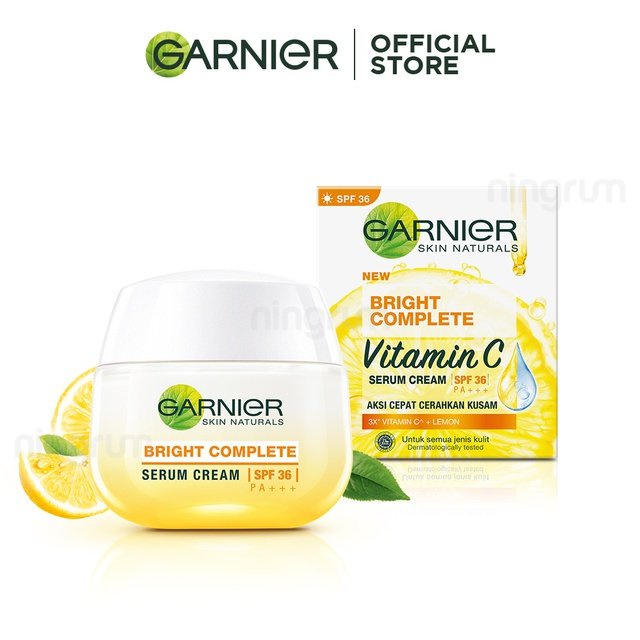 Ningrum - Garnier Bright Complete Vitamin C Serum Day Cream SPF 36/PA+++ 20/50 ml | Krim Pagi Siang Kuning Yuzu Mousturizer Vit C Skincare Pelembab Wajah Original BPOM - 8309