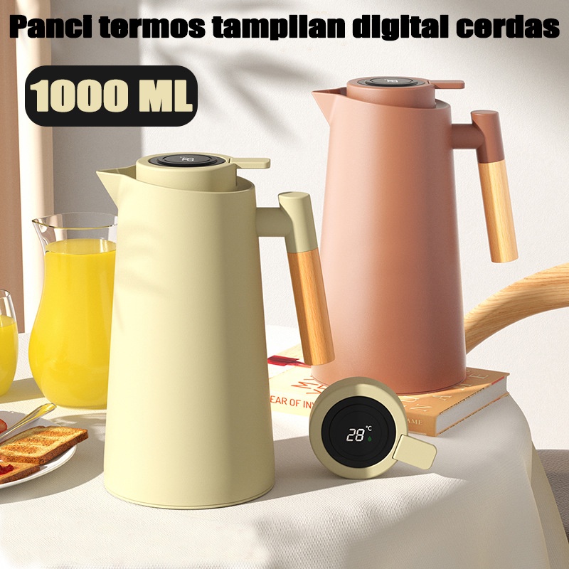 1000 ML Termos Kaca Vakum / Panci Termos Tampilan Digital Cerdas /Jug Insulasi Nordic Dengan Gagang Kayu