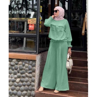 Setelan Baju Muslim Sage Wanita Cantik Terbaru Kekinian 2023 Stelan Wanita Msulim Sage Setelan Crink