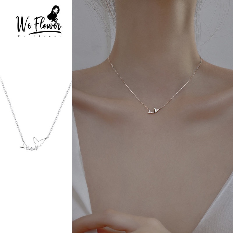 We Flower Kalung Liontin Kupu-Kupu Ganda Kristal Berkilauan Halus Untuk Wanita Perempuan Korea Fashion Tulang Selangka Rantai Necklace Jewelry