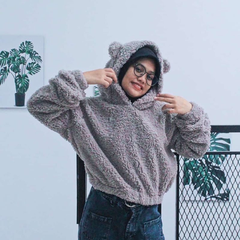 PDF Jaket Hoodie Cropped Kuping Beruang Jaket Wanita Hoodie Wanita Oversize Bahan Bulu Domba