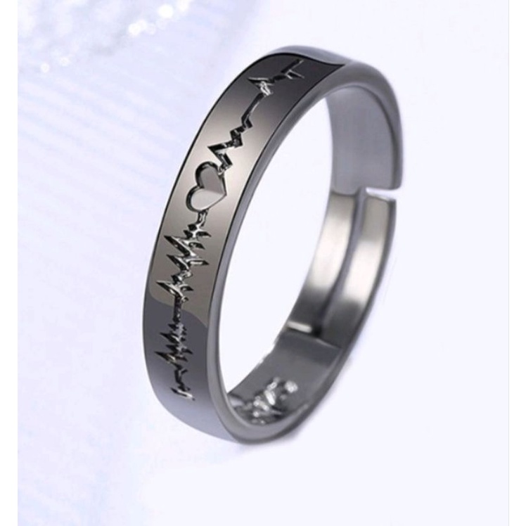 4s Grosir Solo || Cincin Hitam Titanium Adjustable Desain Electrocardiogram untuk Pria &amp; Wanita