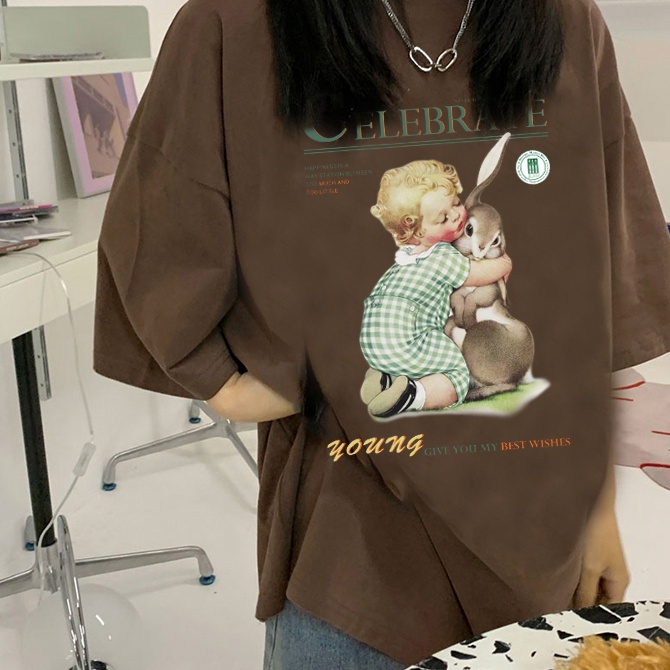 Brown Print T-shirt Kaos Lengan Pendek Cartoon Boy Rabbit Oversize Korean Style