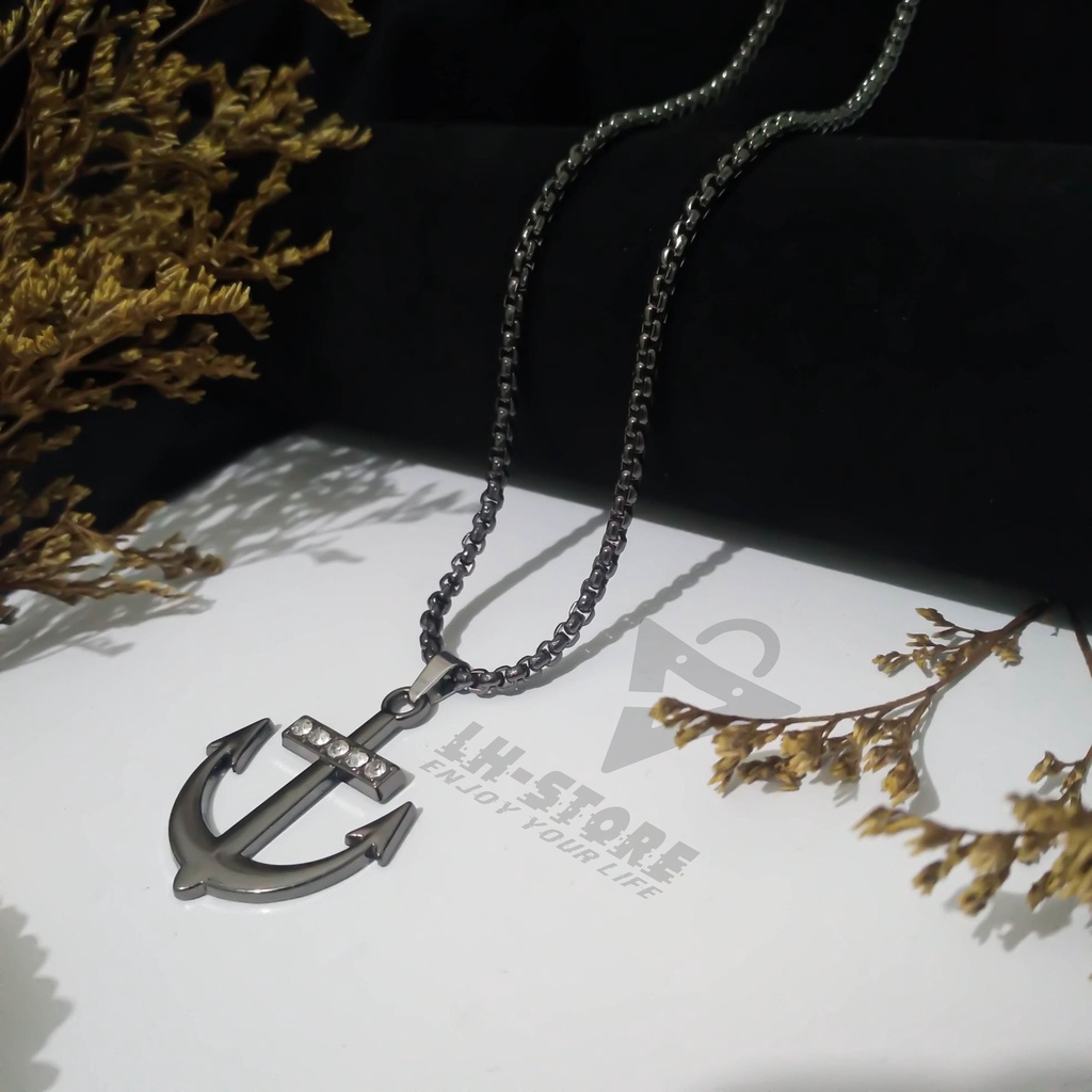 Kalung Titanium Set Liontin Jangkar Black Permata Terbaru Keren Anti Karat
