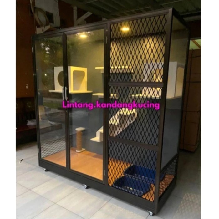 kandang rumah kucing besar jumbo alumunium akrilik lampu + playground