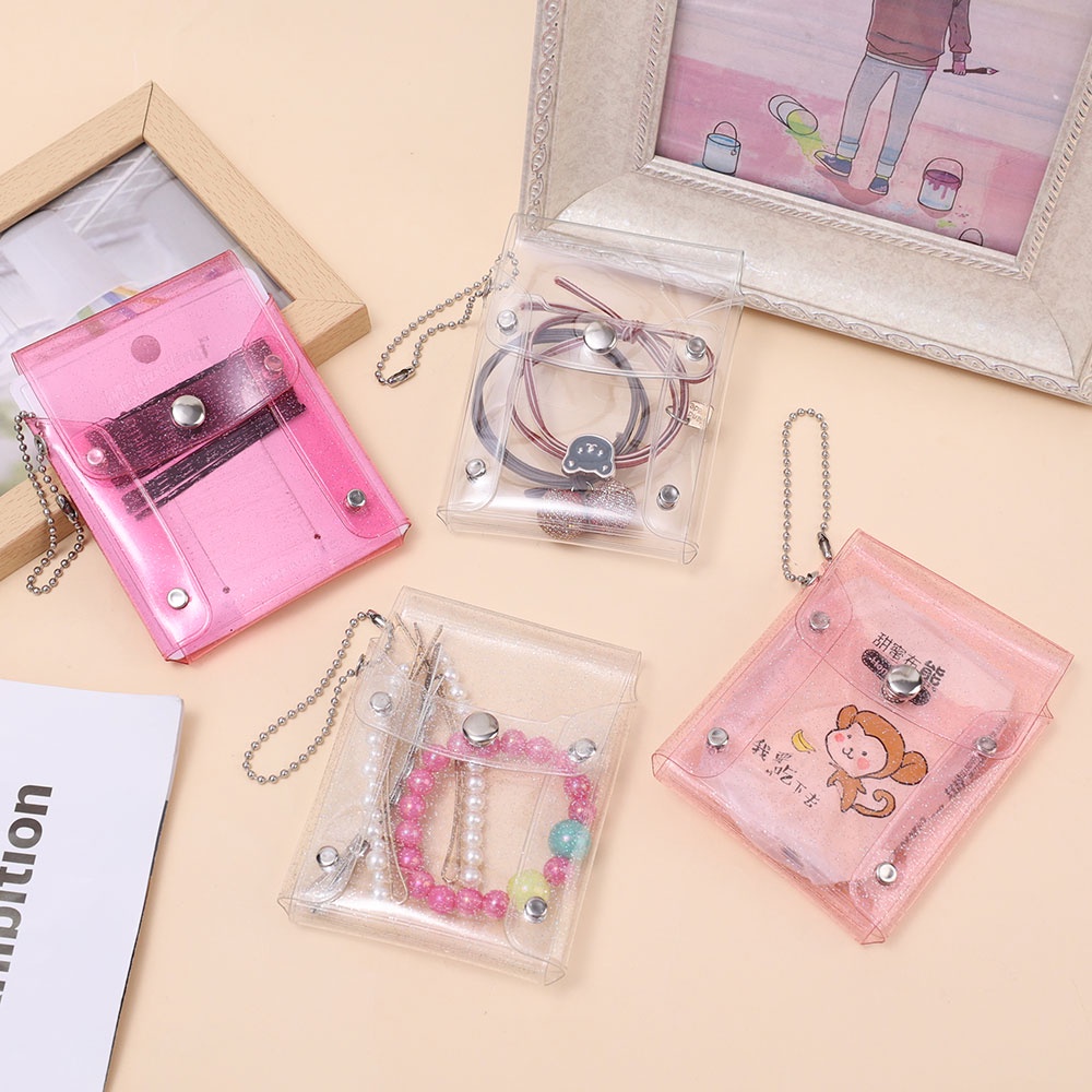 Fashion Kawaii Sequin Mini PVC Transparan Anti Air Foto Kartu Dompet Koin Pink Kosmetik Lipstik Tas Gantungan Kunci Uang Organizer Pouch