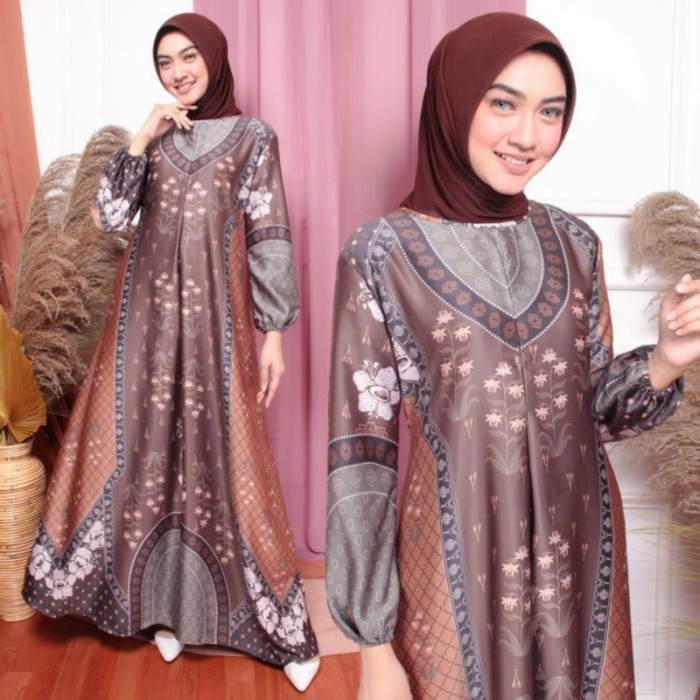 big sale (READY JUMBO LD 120 )Gamis Pesta Mewah /Gamis Jumbo/Gamis Semi Sutra - soft coffe, M