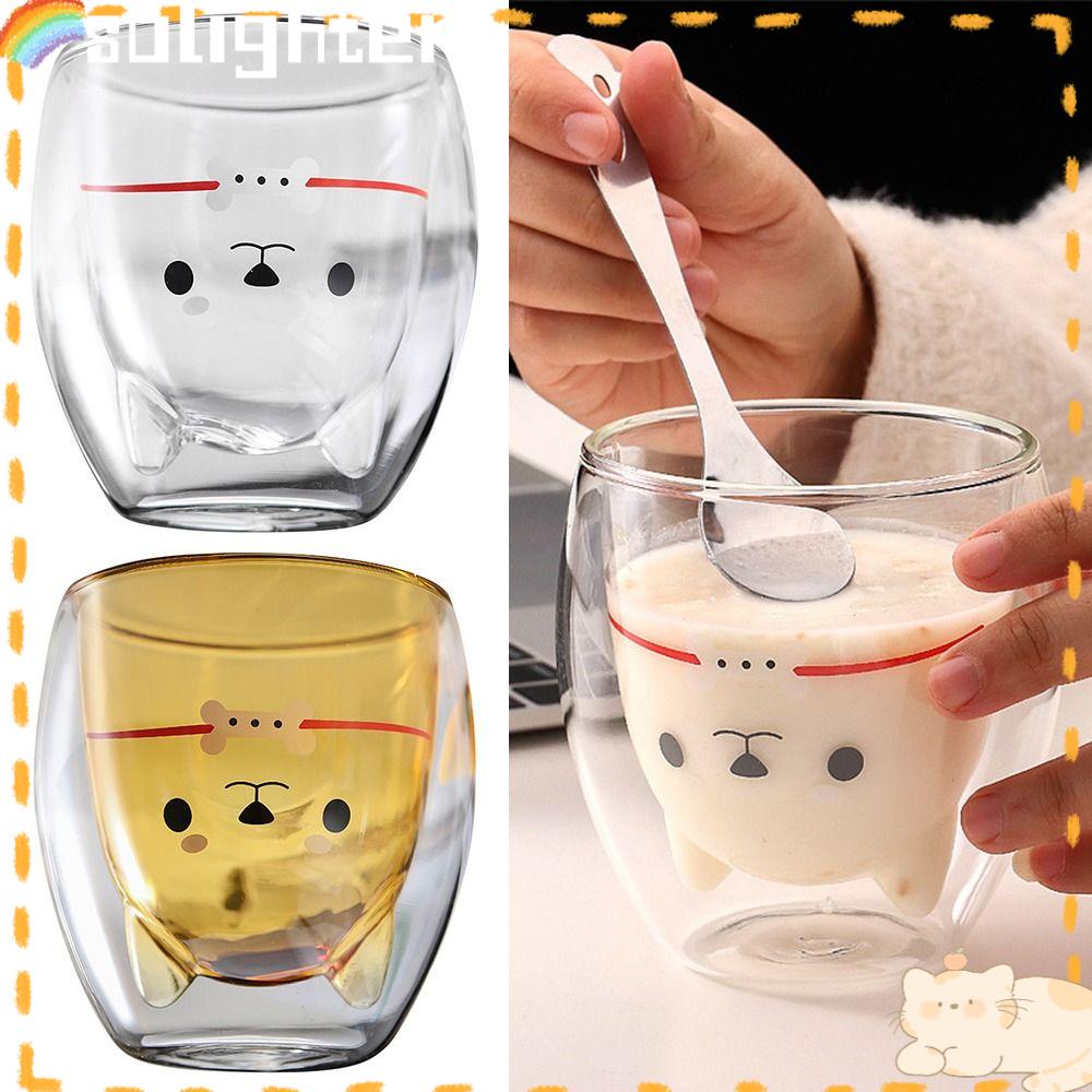 Solighter Animal Double-layer Glass Mug Cangkir Air Anjing Kucing Lucu