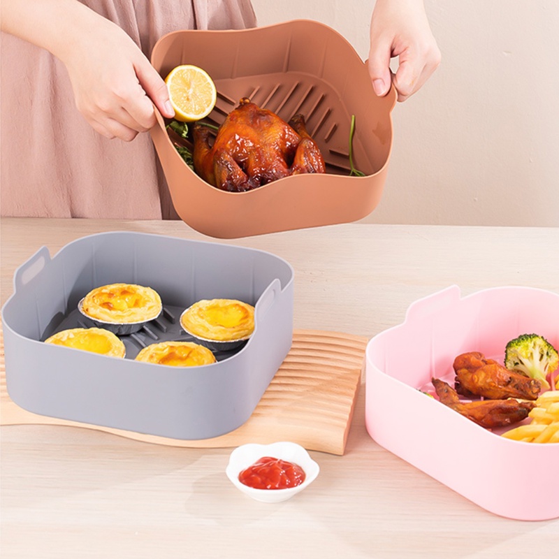 Heat Resisting Roasting Pan with Handle Easy Clean Premium Silicone Square Air Fryer Pot Tray Non-stick BBQ Pad Tahan Air Reusable Alas Keranjang Ayam Goreng Untuk Air Fryer