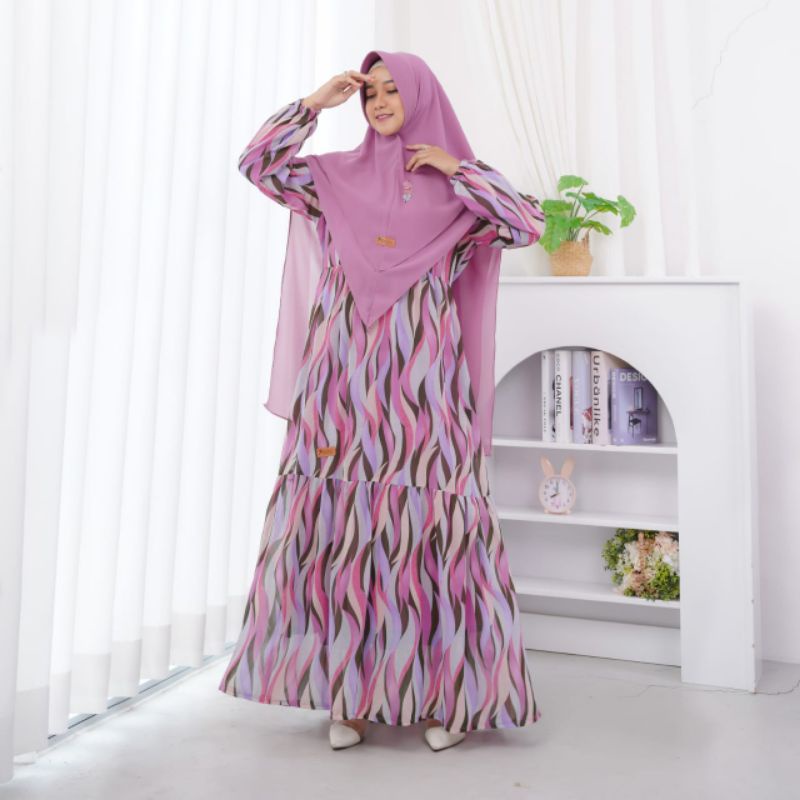 Gamis Syar'i Ceruty Babydoll One Set Khimar (Abstrak)