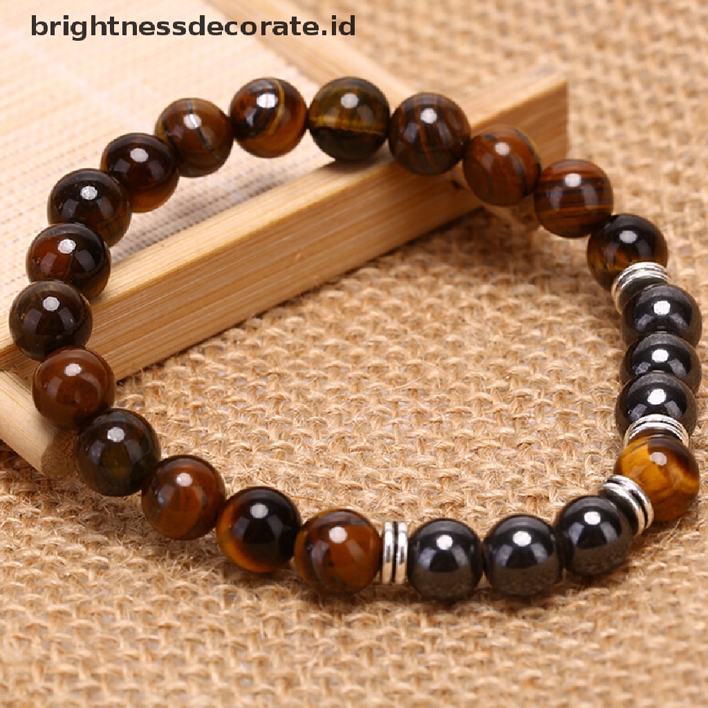 [Birth] Batu Alam Tiger Eye Beads Hematite Stretch Gelang Pria Pesona Bangle Perhiasan [ID]