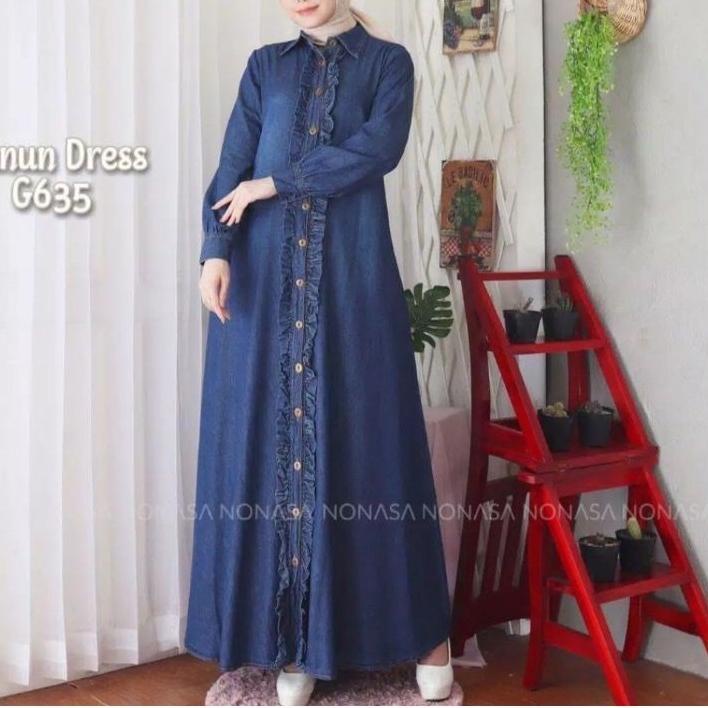 TNS967 Gamis Jeans Wanita Terbaru 2022 Hanun Dress- Gamis Terbaru 2021 - Baju Lebaran Terbaru Jumbo 