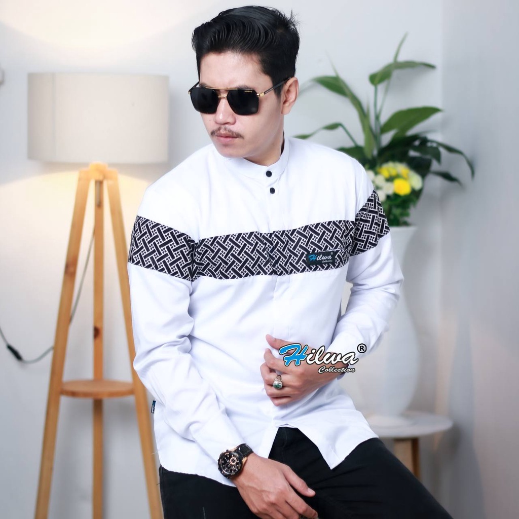 HILWA COLLECTION Kemeja Baju Koko Pria Lengan Panjang Hitam Putih Kombinasi Batik Seragam Hadroh S M