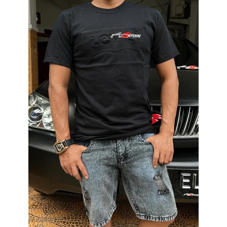 stelan pria terbaru model kini // kaos distro katun combed 24S premium import // celana pendek pria denim model sobek // + paper bag