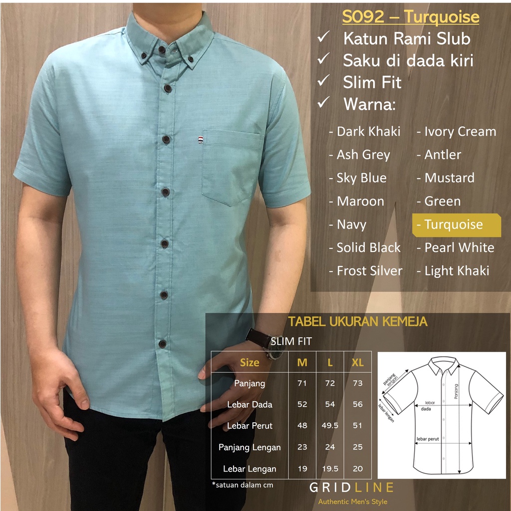 [GRIDLINE - S092 Colorful Premium Basic] Kemeja Pria Polos Slimfit Katun Rami Premium M-XXL