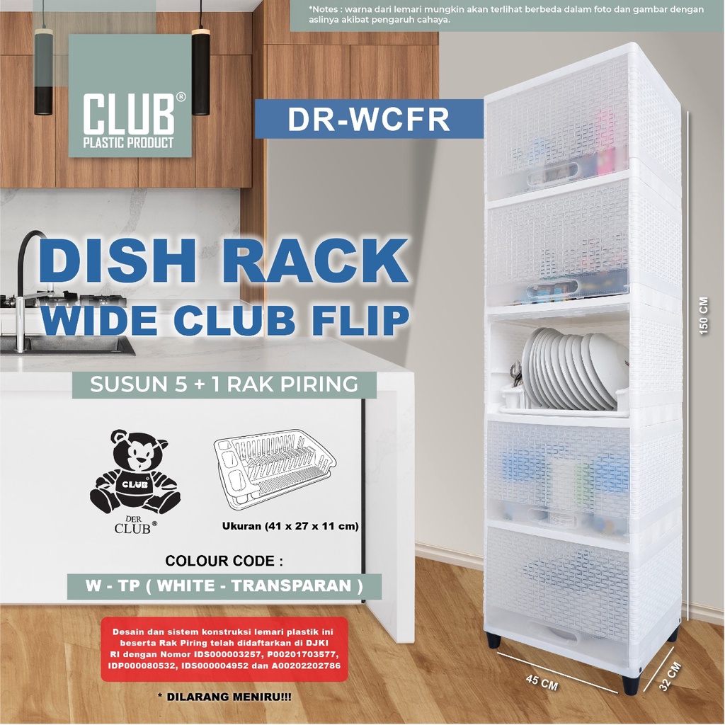 Dish Rack Wide Club Flip Susun 5 - Lemari Piring Rak Dapur Plastik Pintu Transparan Dengan Rak Pirin