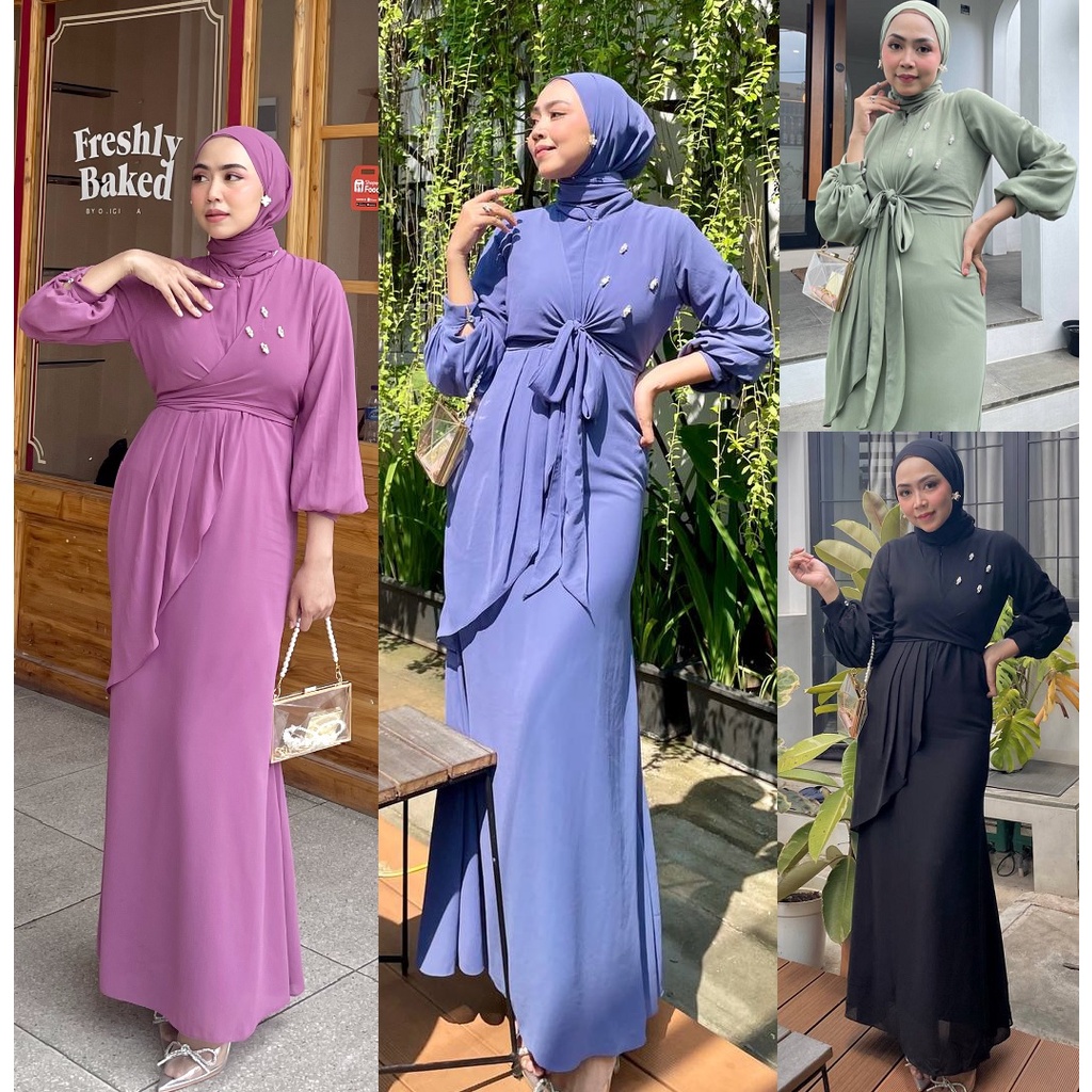 Hannah Dress Ceruty Long Dress Kondangan Baju Pesta Hijab Seragam Bridesmaid Gaun Prewedding Gratis Bross Payet