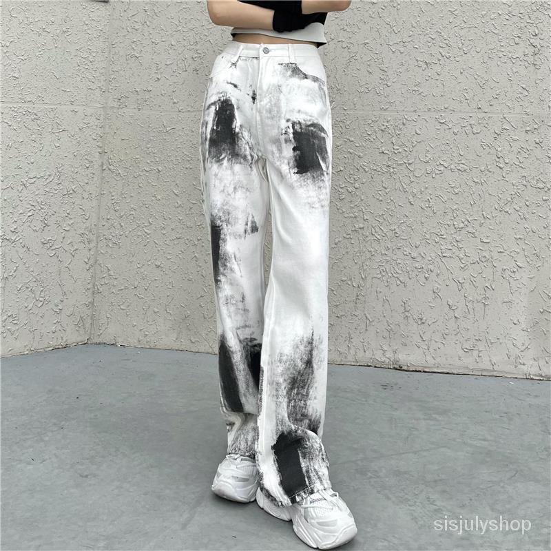 #Sisjuly# Jeans tertekan tie-dye berkaki lurus berkaki lurus wanita ukuran besar pinggang tinggi lon