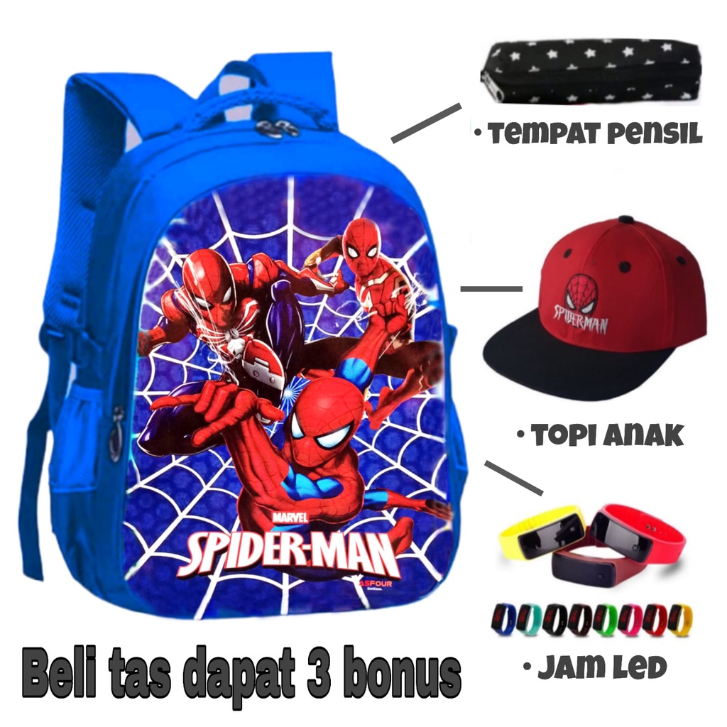 tas sekolah anak tk dan SD - tas ransel anak cowok - tas karakter anak spiderman - tas anak laki BONUS JAM LED dan TOPI