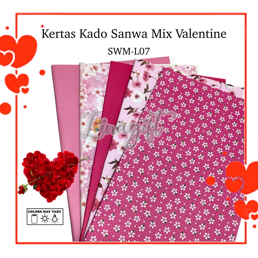 ( 5 Lembar 5 Motif ) VALENTINE MIX SANWA - KERTAS KADO LOVE SANSAN WAWA - GIFT WRAPPING PAPER EDISI ROMANCE ROMANTIC ROMANTIS - FLOWER WEDDING ENGAGEMENT TUNANGAN LAMARAN WEDDING NIKAH PERNIKAHAN HEART