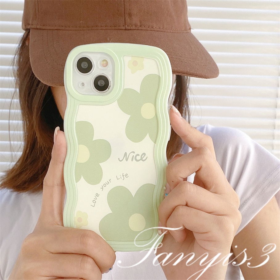 Redmi 12C A1 10C 10A 10 9 9A 9C 9T Note 11 Pro+ 11s 11 10s 10 9s 9 8 Pro Poco X4Pro X3 Pro X3NFC M4 Mi 11 Lite 10TPro Ins Green Floret Flowers Wave Frame Phone Case TPU Soft Cover