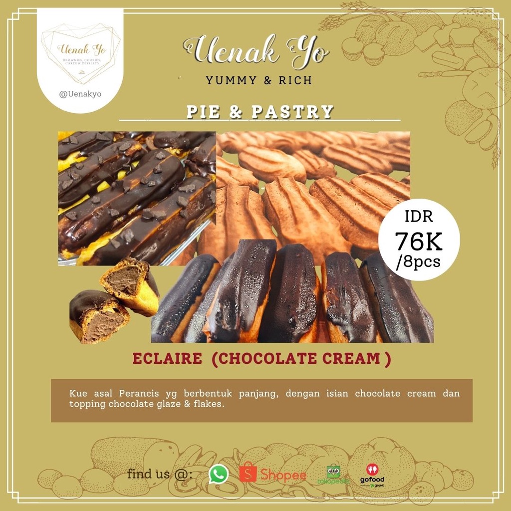 Eclaire (Vla Chocolate diplomat cream) isi 8 pcs kue sus coklat homemade