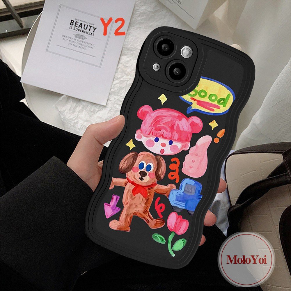 IPHONE Pasangan Kartun Graffiti Case Kompatibel Untuk Iphone11 14 6 6s 8 7 Plus 13 12 Pro Max 14 Plus XR X XS Max SE 2020 Anjing Lucu Populer Gadis Lucu Stiker Tepi Bergelombang Lembut Casing Ponsel TPU