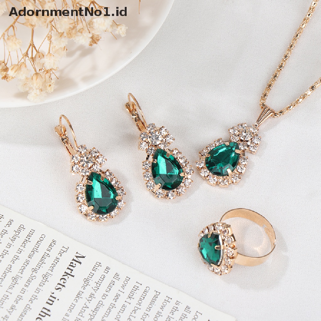 [AdornmentNo1] Fashion Eropa Amerika Perhiasan Liontin Anting Cincin Set Pengantin Dekorasi Hadiah Tetesan Air Berlian Kalung Anting Rings Set [ID]