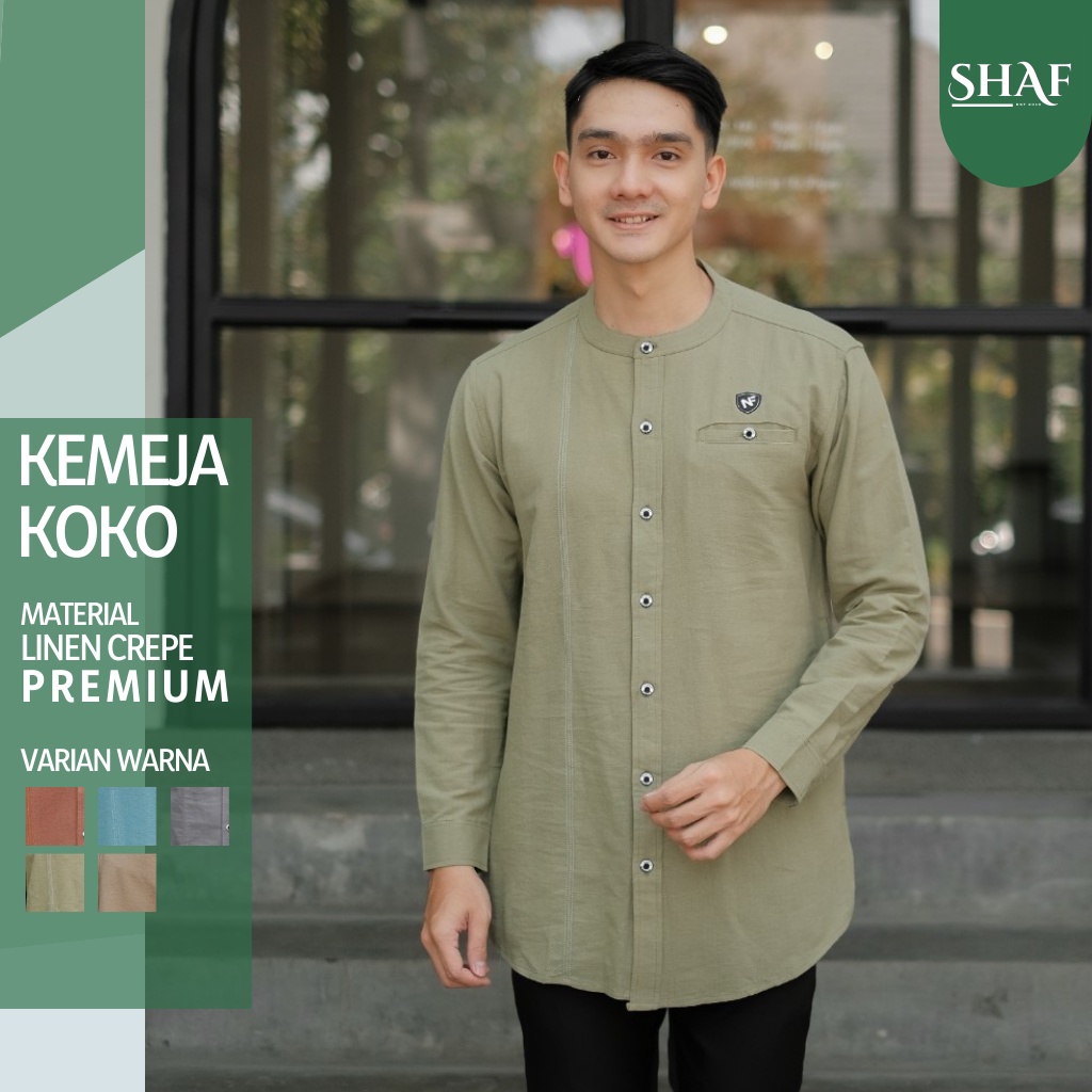 Baju kemeja koko pria lengan panjang kemko pria bahan linen original Premium warna sage green