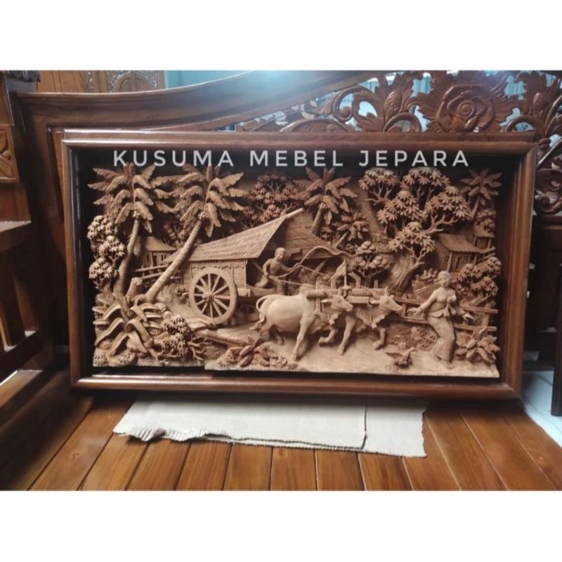 Hiasan Dinding Relief Gembala Sapi Pedesaan Kayu Jati - Panjang 90cm