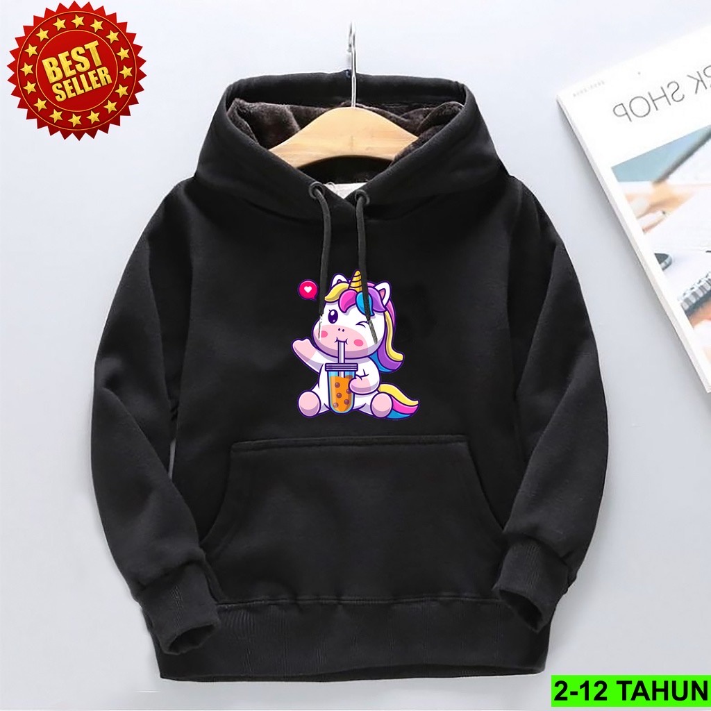 Jumper Hoodie Anak  LOVE BOBA UNIC0RN II Jaket Hoodie Anak Viral Bahan Fleece Sz M - XL ( Laki Laki &amp; Peremepuan )