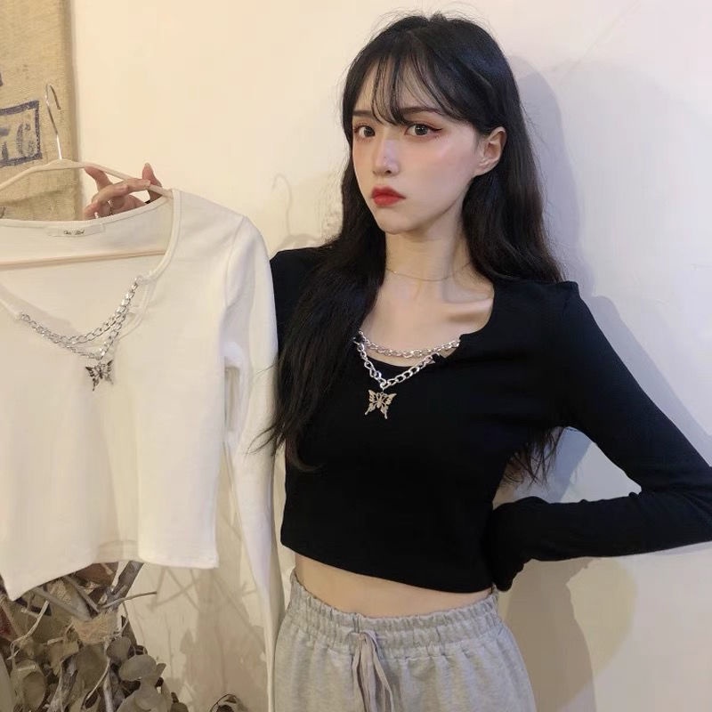 Red 2022 musim gugur gaya Korea baru slim bottoming shirt top rasa desain rantai hitam pendek lengan panjang T-shirt pakaian wanita