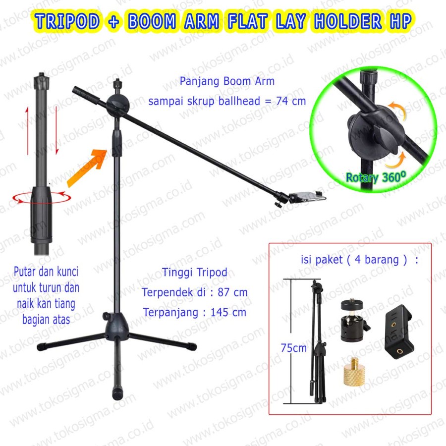 TRIPOD BOOM ARM ROTARY FLAT LAY VIDEO STAND HANDPHONE HP OVERHEAD 1.8m