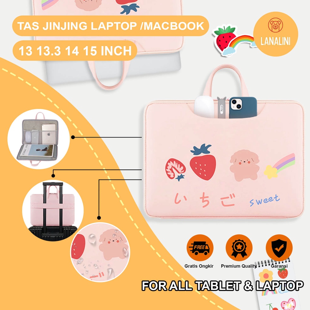 Sleeve Pouch Sarung Tas Bag Case Ipad Tab Tablet Macbook Air Pro Laptop Asus Acer Lenovo HP Huawei 11 12 13 14 15 inch Motif Gambar Rainbow Bear Beruang Warna Pink Lucu Cute Murah Korean Model Jinjing Tali Strap