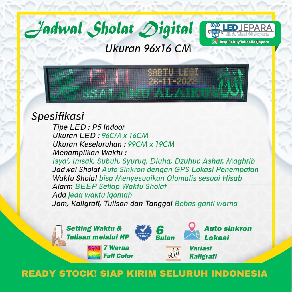 Jadwal Sholat Digital Jam Masjid Digital Ukuran 96x16 P5 Full Color Setting HP