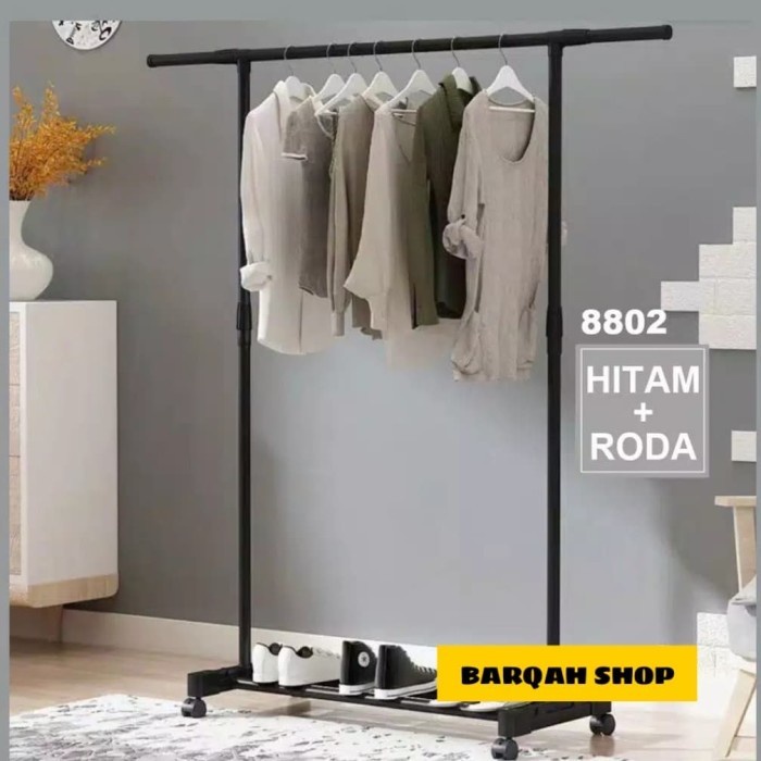 Jemuran Rak Jemuran Baju Pakaian Lipat Stainless 4 Roda Stand Hanger Portable