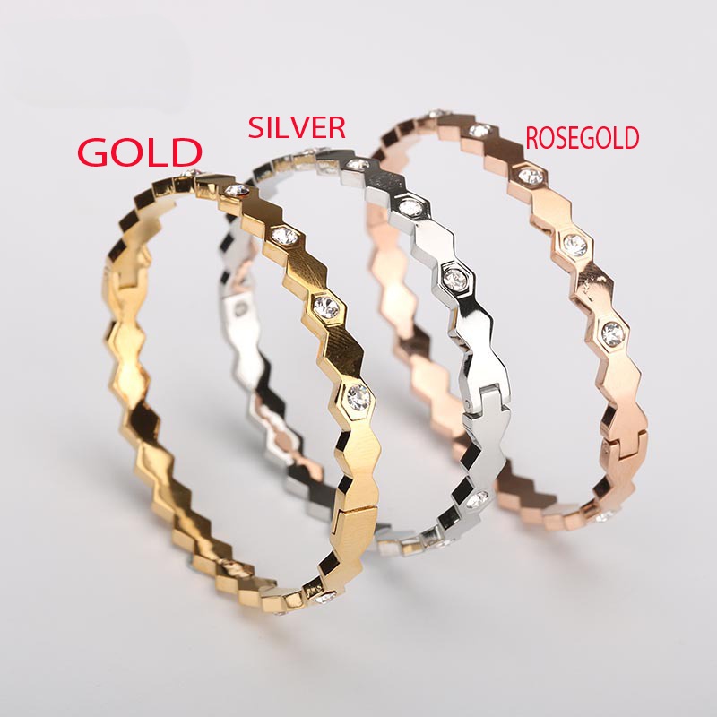 Gelang bangle HEXAGONAL ZIRCON titanium kualitas import korea anti karat