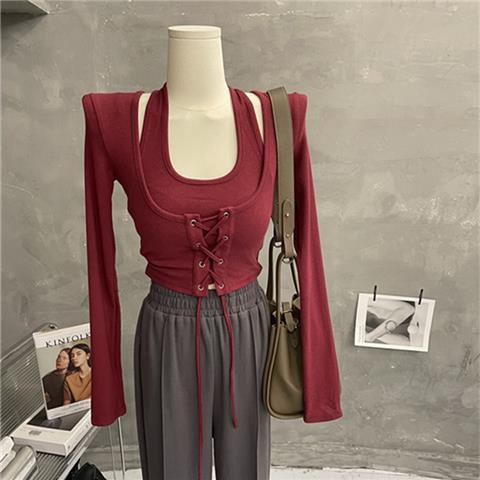 Red American hot girl design sense niche fake two-piece halter top autumn straps short slim long-sleeve shirt bottoming shirt