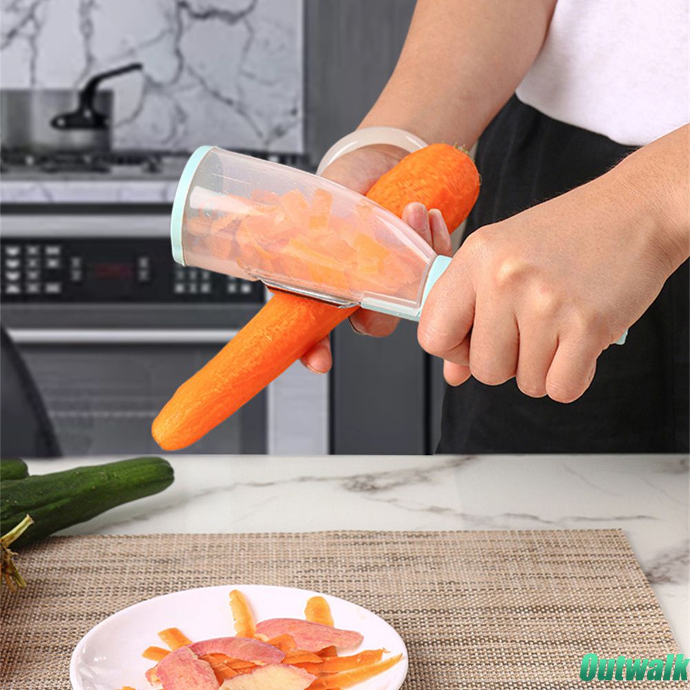 ღ Jenis Penyimpanan Mengupas Pisau Buah Scratcher Handheld Planer Cutter Multifungsi Alat Pengupas Sayuran dengan Penyimpanan Tabung Stainless Steel Dapur Rumah Tangga alat