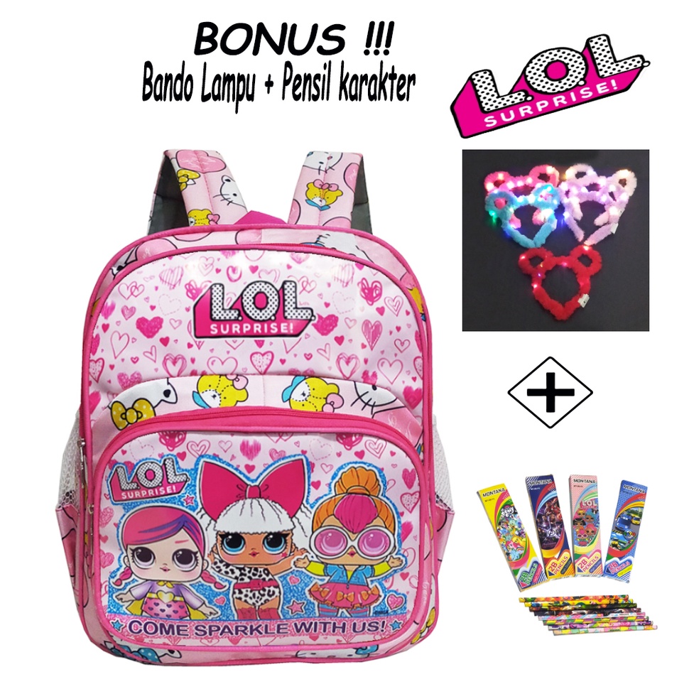 TAS SEKOLAH ANAK PEREMPUAN TK / PAUD KARAKTER LOL RANSEL MINI / TAS NGAJI ANAK CEWEK FREE BANDO LED