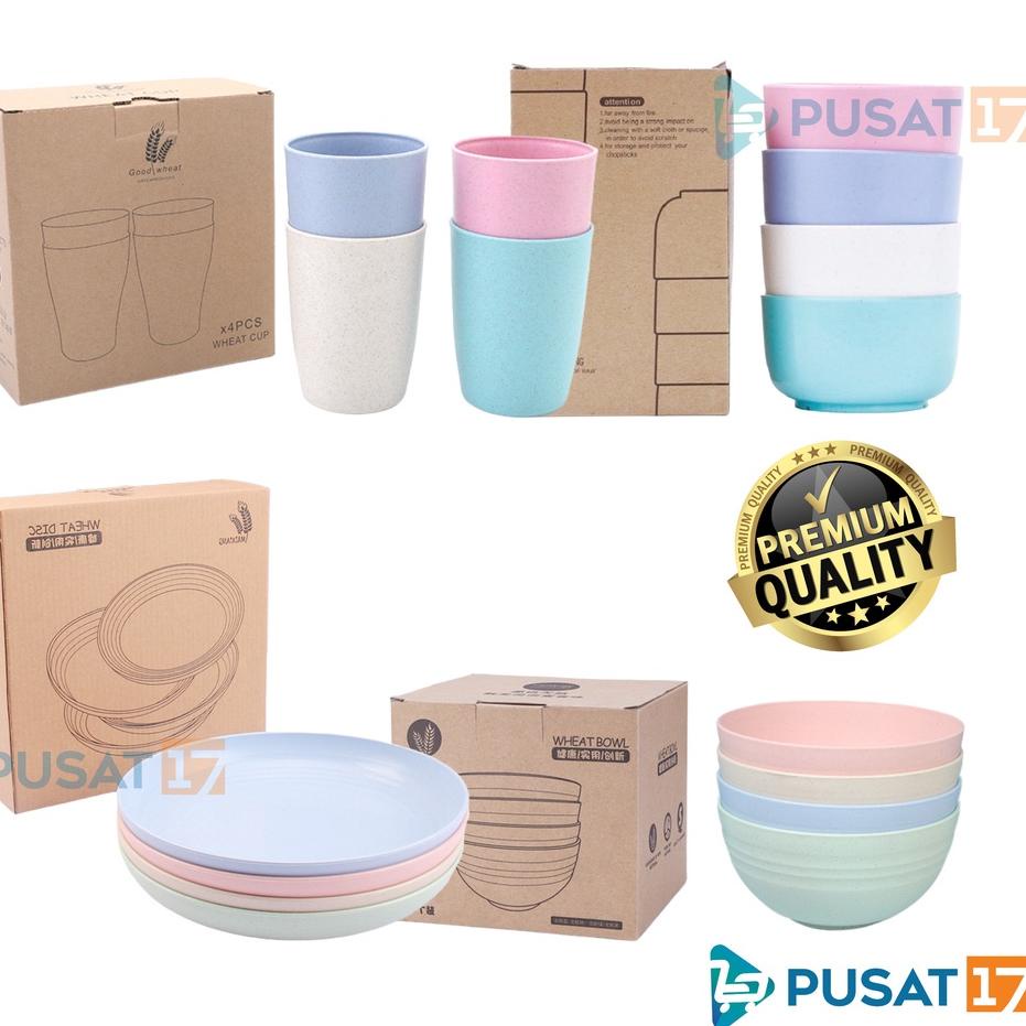 GROSIR PUSAT17 MANGKOK SET 4PCS WHEAT STRAW JERAMI / PIRING GELAS SET 4PCS WARNA MACARON / MANGKUK M