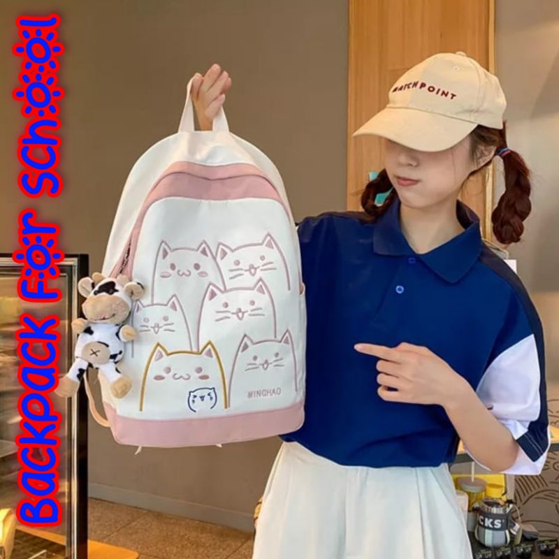 samasuka.shop - Tas Wanita Motif Kucing Lucu Funny Cat Ransel Gendong Cewek Tas Punggung