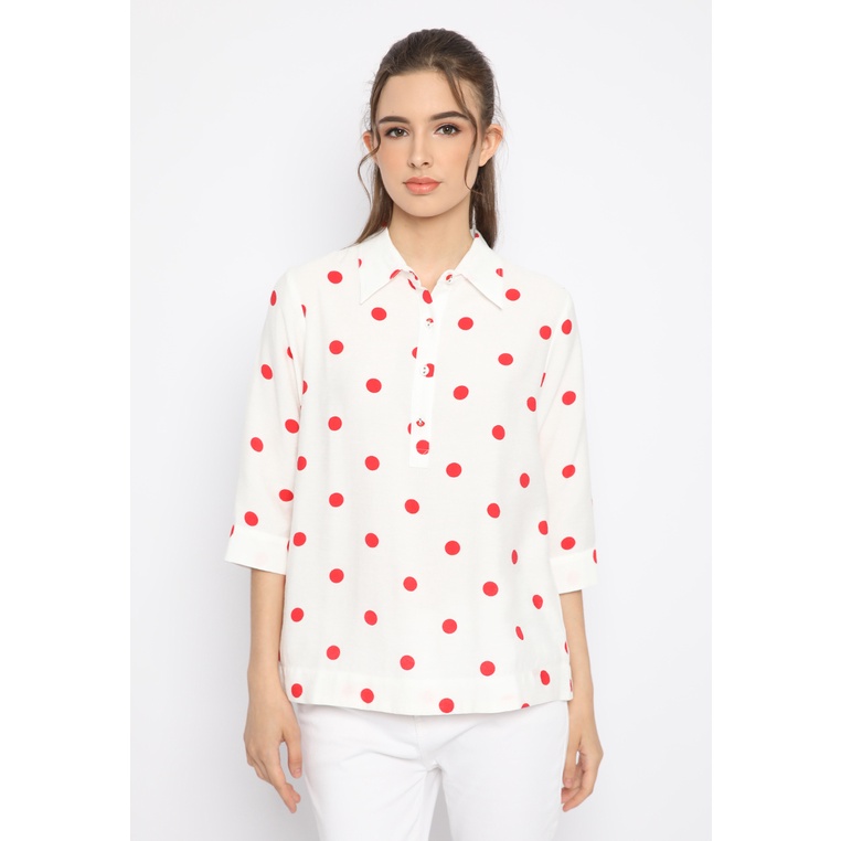 Blus Wanita Motif Polkadot Putih Merah lengan 7/8 - Polka Blouse White By Brilliant Girl